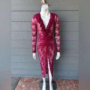 Hera Collection Fuchsia Lace Ruffled V-Neck Midi Dress